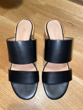 Madewell Keira Wood Block Heel Two Strap Sandals Mules Open Toe Leather Black